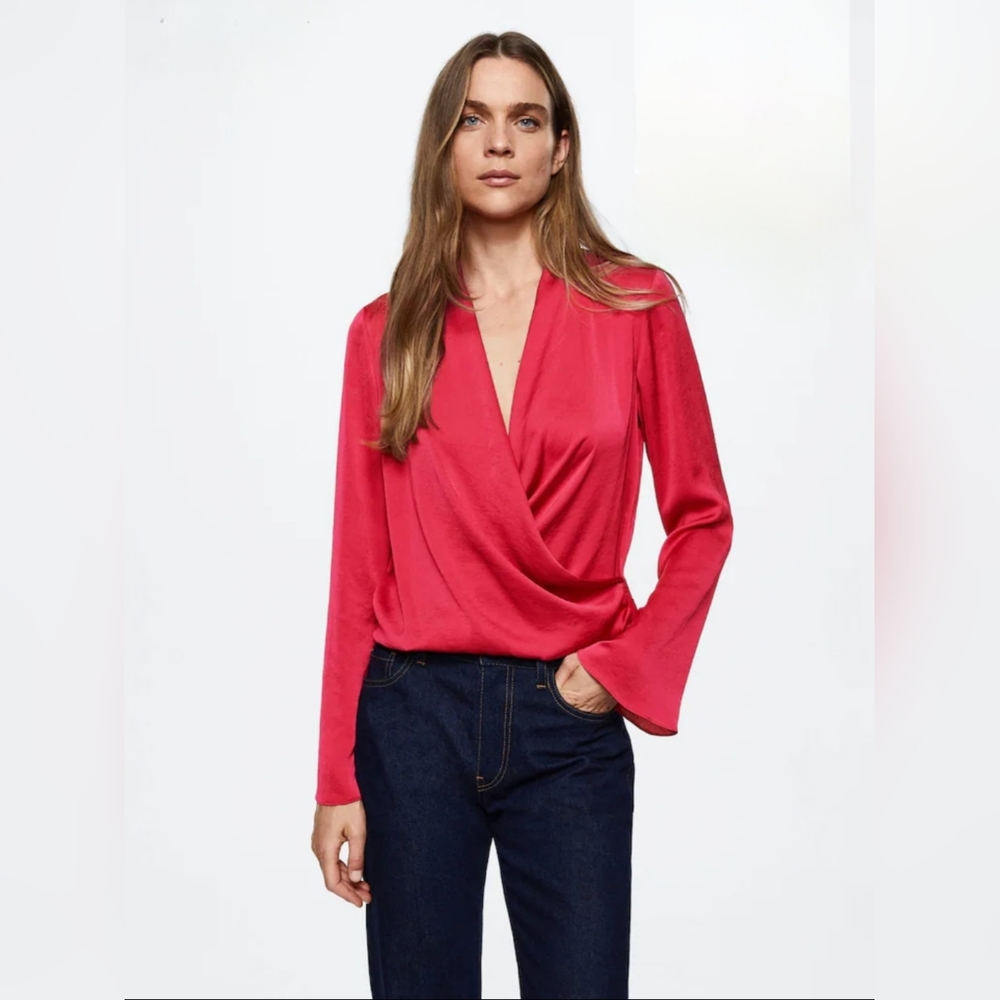 MANGO MNG Beautiful Red Satin Cross Front Blouse Size 4